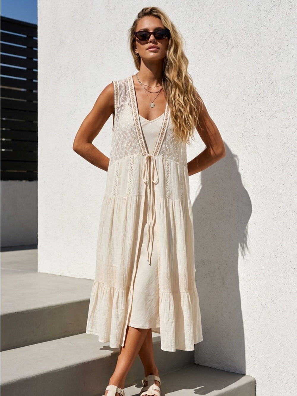 NWT Boho Sheer Lace Tie-Front Maxi Cardigan in Cream